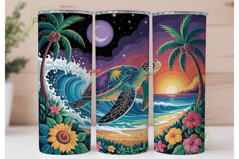 Tropical Turtle Sunset Tumbler Wrap PNG Sublimation PixelChick 