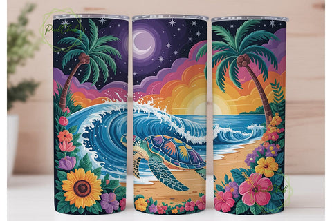 Tropical Turtle Sunset Tumbler Wrap PNG Sublimation PixelChick 