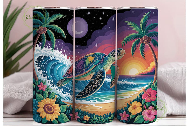 Tropical Turtle Sunset Tumbler Wrap PNG Sublimation PixelChick 