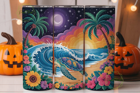 Tropical Turtle Sunset Tumbler Wrap PNG Sublimation PixelChick 
