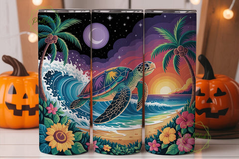 Tropical Turtle Sunset Tumbler Wrap PNG Sublimation PixelChick 