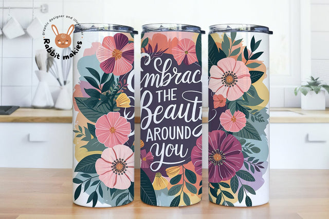 Tropical Vibes Tumbler Wrap | Embrace the Beauty Around You PNG | Watercolor Hibiscus & Lush Greenery | 20oz Skinny Floral Sublimation Sublimation Rabbitmakies 