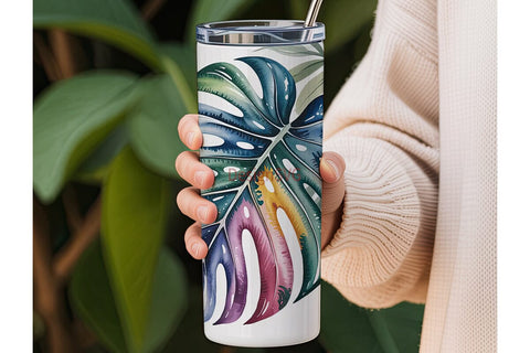 Tropical Watercolor Leaves 20oz Tumbler Sublimation DesignSVG 