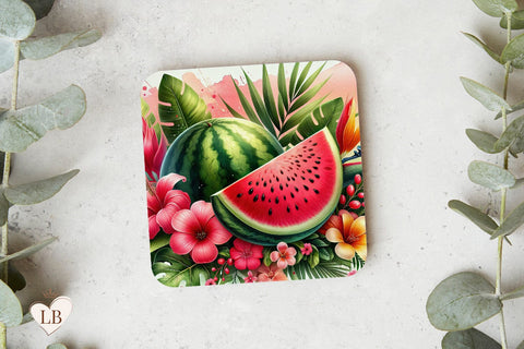 Tropical Watermelon Coaster, Watermelon Square Coaster Design Sublimation BijouBay 