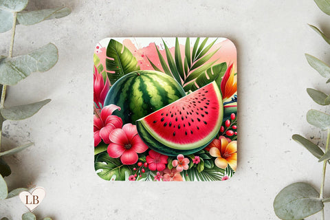 Tropical Watermelon Coaster, Watermelon Square Coaster Design Sublimation BijouBay 