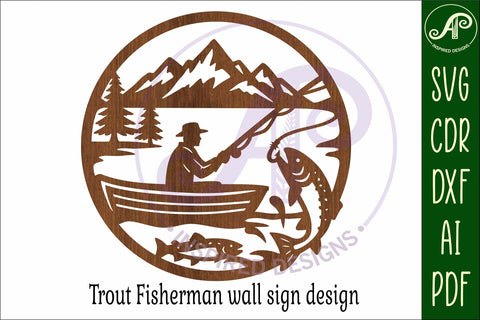 Trout fisherman mountain scene wall sign svg laser cut SVG APInspireddesigns 