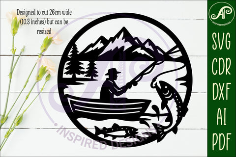Trout fisherman mountain scene wall sign svg laser cut SVG APInspireddesigns 