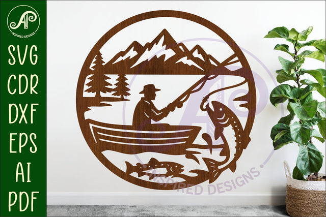 Trout fisherman mountain scene wall sign svg laser cut SVG APInspireddesigns 