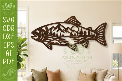 Trout Fishing Wall Art SVG Mountain Lake Scene Laser Cut SVG APInspireddesigns 