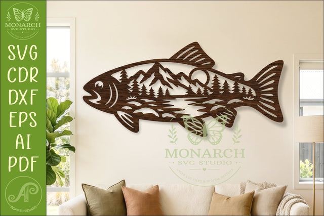 Trout Fishing Wall Art SVG Mountain Lake Scene Laser Cut SVG APInspireddesigns 