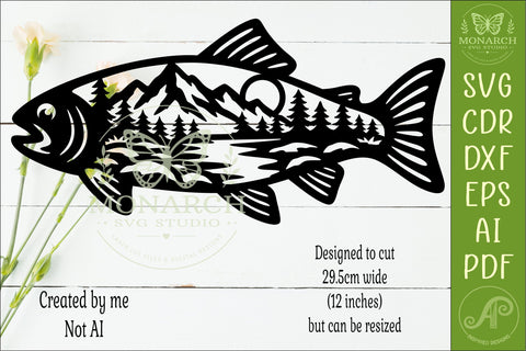 Trout Fishing Wall Art SVG Mountain Lake Scene Laser Cut SVG APInspireddesigns 