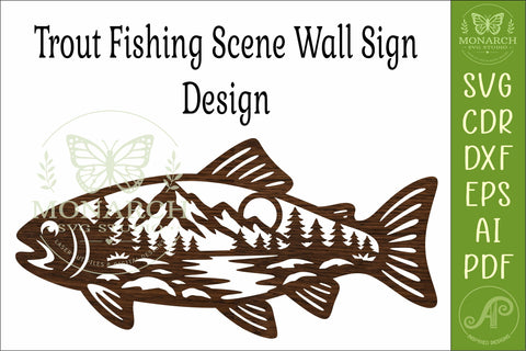 Trout Fishing Wall Art SVG Mountain Lake Scene Laser Cut SVG APInspireddesigns 