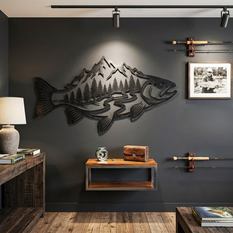 Trout Mountain Scene Laser SVG | Fishing Metal Wall Art DXF | Laser Cut Fish Design | CNC Plasma Cut File | Wildlife Silhouette SVG HappyDesignStudio 