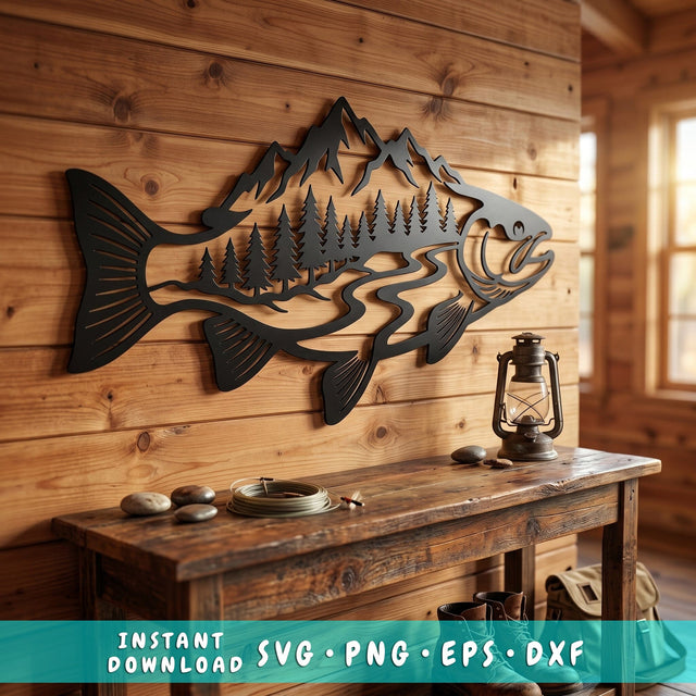 Trout Mountain Scene Laser SVG | Fishing Metal Wall Art DXF | Laser Cut Fish Design | CNC Plasma Cut File | Wildlife Silhouette SVG HappyDesignStudio 