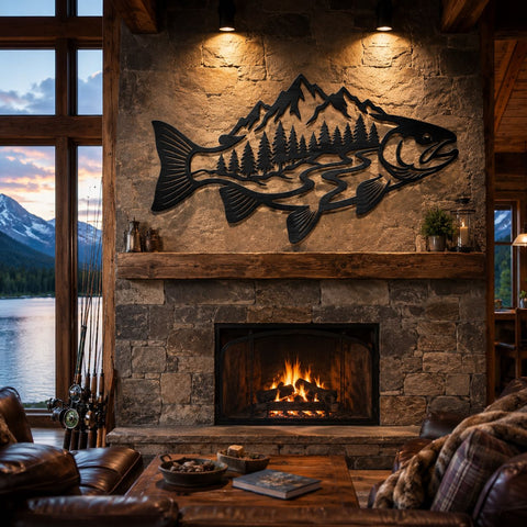 Trout Mountain Scene Laser SVG | Fishing Metal Wall Art DXF | Laser Cut Fish Design | CNC Plasma Cut File | Wildlife Silhouette SVG HappyDesignStudio 