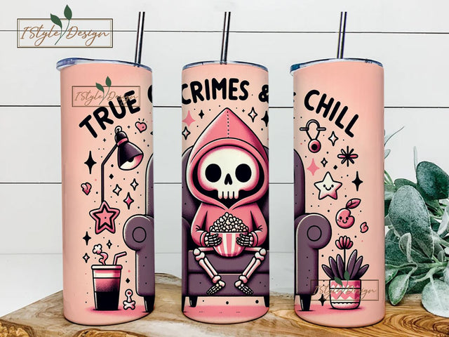 True Crimes & Chill Tumbler PNG, Halloween Skeleton 20 oz Tumbler Wrap Skinny Tumbler Sublimation Design Sublimation iStyleDesign 