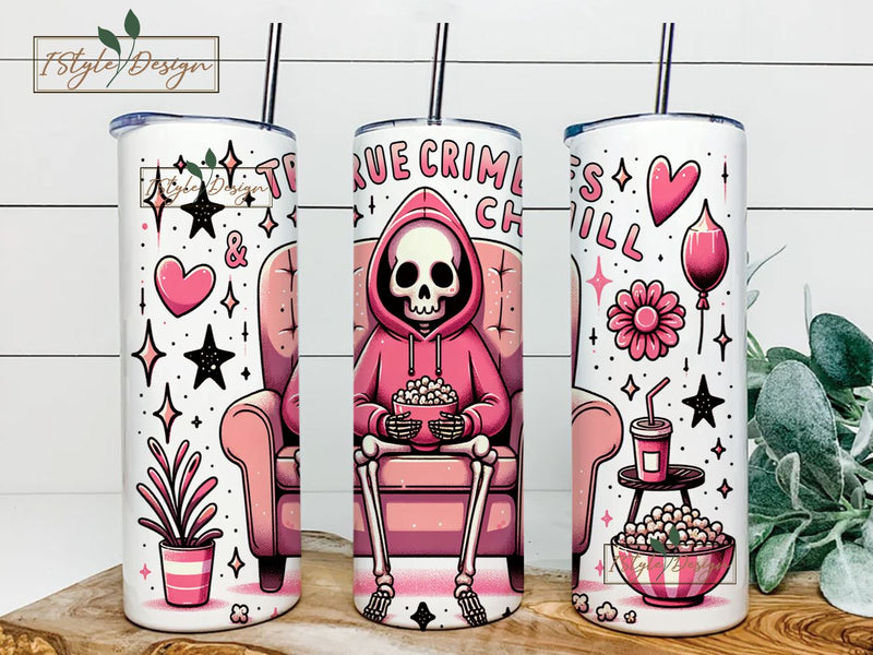 True Crimes & Chill Tumbler PNG, Halloween Skeleton 20 oz Tumbler Wrap Skinny Tumbler Sublimation Design Sublimation iStyleDesign 