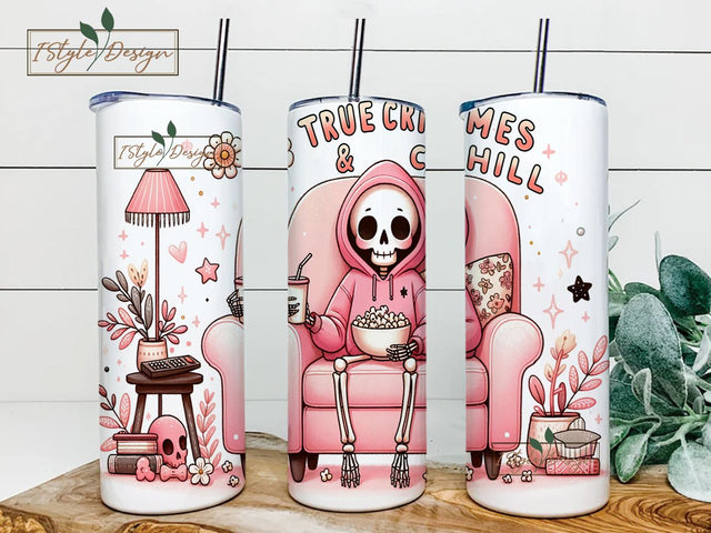 True Crimes & Chill Tumbler PNG, Halloween Skeleton 20 oz Tumbler Wrap Skinny Tumbler Sublimation Design Sublimation iStyleDesign 