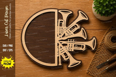 Trumpet Music Circle SVG | Brass Instrument Laser Cut File | Glowforge CNC DXF PNG EPS SVG Regulrcrative 