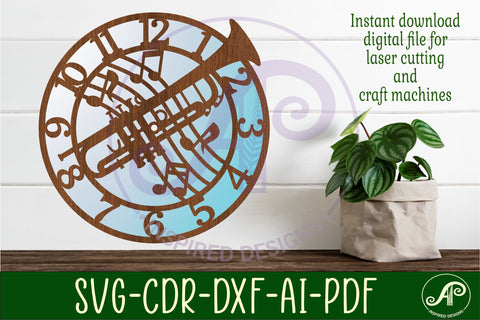 Trumpet wall clock laser cut files, SVG file. vector SVG APInspireddesigns 