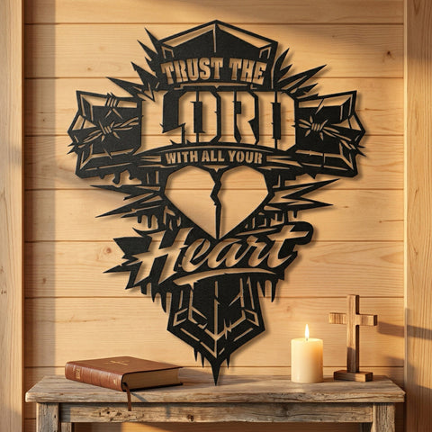 Trust the Lord with All Your Heart Laser SVG, Christian Cross Heart Sign, Plasma CNC Metal Wall Art, Laser Cut File, DXF Eps Png Download SVG HappyDesignStudio 