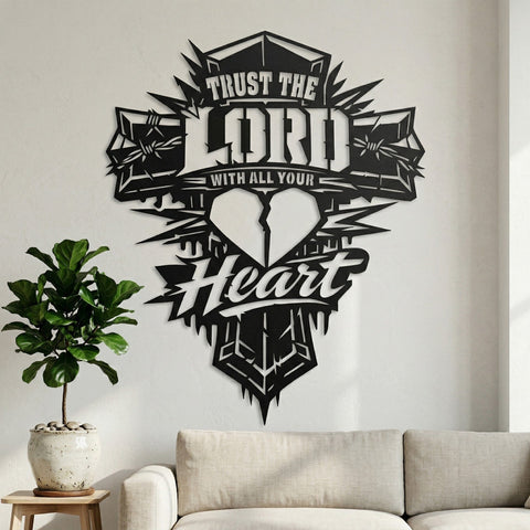 Trust the Lord with All Your Heart Laser SVG, Christian Cross Heart Sign, Plasma CNC Metal Wall Art, Laser Cut File, DXF Eps Png Download SVG HappyDesignStudio 