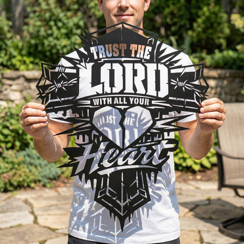 Trust the Lord with All Your Heart Laser SVG, Christian Cross Heart Sign, Plasma CNC Metal Wall Art, Laser Cut File, DXF Eps Png Download SVG HappyDesignStudio 