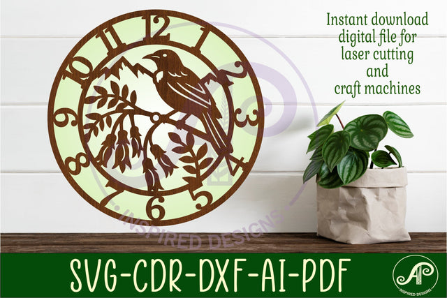 Tui bird New Zealand themed clock wall clock laser cut files SVG APInspireddesigns 