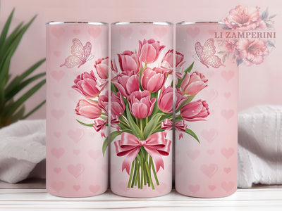 Tulip Bouquet Art 20oz Tumbler, Pink Tulips, Magenta Gradient, Green Stems, Whimsical Illustration, Skinny Tumbler, Sublimation PNG Sublimation Li Zamperini 