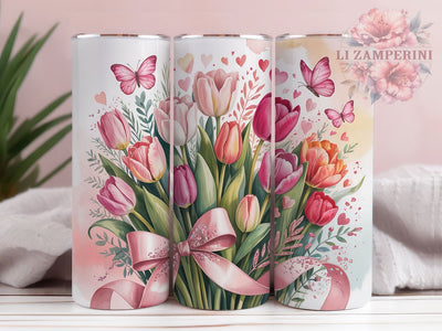 Tulip Bow Romantic Garden 20oz Tumbler, Romantic Garden, Blooming Tulips, Soft Pink, Floral Bouquet, 20oz Tumbler Wrap, Sublimation PNG Sublimation Li Zamperini 
