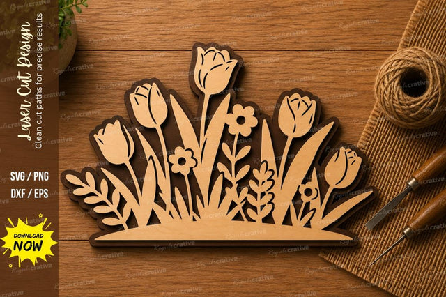 Tulip Flower Border Laser Cut SVG | Floral Wooden Decor Cut File | Spring Flower SVG for Glowforge CNC DXF PNG EPS SVG Regulrcrative 
