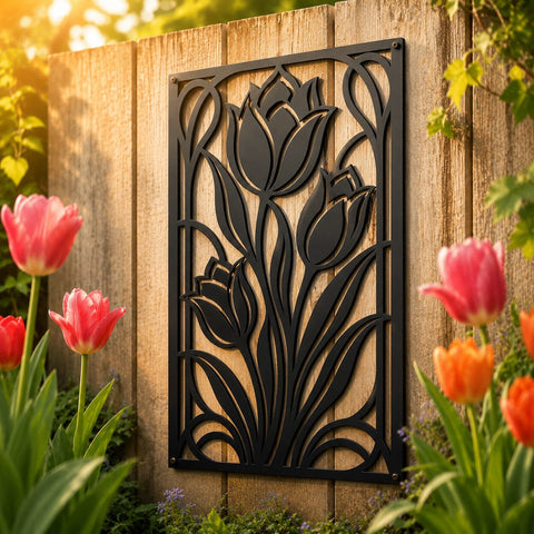 Tulip Panel Metal Wall Art SVG | CNC Plasma DXF File | Garden Flower Panel Laser Cut Design | Outdoor Wall Decor Cut File SVG HappyDesignStudio 