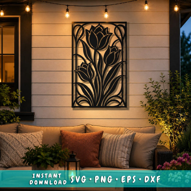 Tulip Panel Metal Wall Art SVG | CNC Plasma DXF File | Garden Flower Panel Laser Cut Design | Outdoor Wall Decor Cut File SVG HappyDesignStudio 