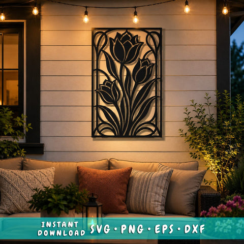 Tulip Panel Metal Wall Art SVG | CNC Plasma DXF File | Garden Flower Panel Laser Cut Design | Outdoor Wall Decor Cut File SVG HappyDesignStudio 