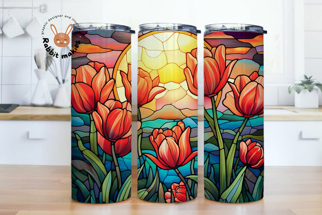 Tulips Flower Stained Glass Pattern Tumbler Png, a stained glass window with tulips and a sunset Sublimation Designs, Stained Glass PNG Sublimation Rabbitmakies 