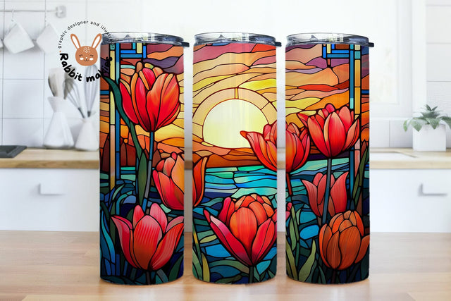 Tulips Flower Stained Glass Pattern Tumbler Png, a stained glass window with tulips and a sunset Sublimation Designs, Stained Glass PNG Sublimation Rabbitmakies 