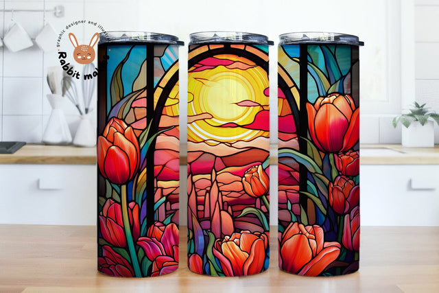 Tulips Flower Stained Glass Pattern Tumbler Png, a stained glass window with tulips and a sunset Sublimation Designs, Stained Glass PNG Sublimation Rabbitmakies 