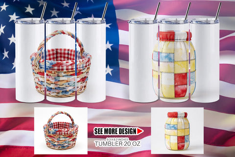 Tumbler 4th July Picnic Patchwork Watercolor Sublimation artnoy 