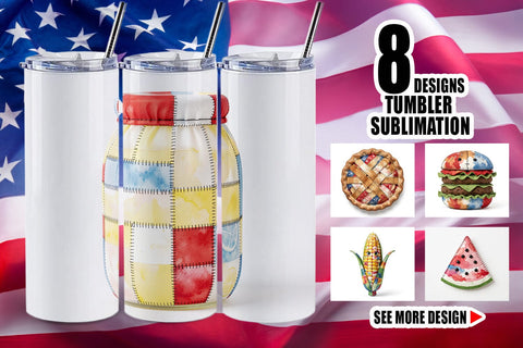 Tumbler 4th July Picnic Patchwork Watercolor Sublimation artnoy 
