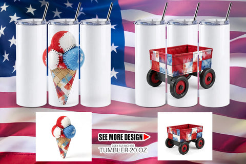 Tumbler 4th July Picnic Patchwork Watercolor Sublimation artnoy 