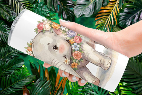 Tumbler Baby Elephant Floral Parade Watercolor Sublimation artnoy 