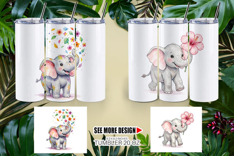 Tumbler Baby Elephant Floral Parade Watercolor Sublimation artnoy 