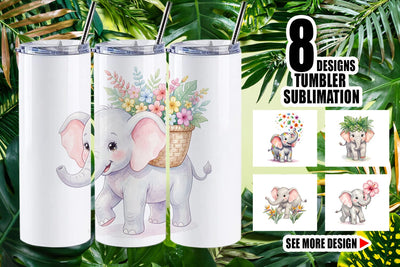 Tumbler Baby Elephant Floral Parade Watercolor Sublimation artnoy 