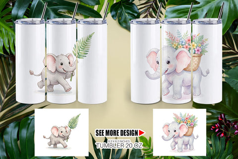 Tumbler Baby Elephant Floral Parade Watercolor Sublimation artnoy 
