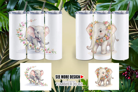 Tumbler Baby Elephant Floral Parade Watercolor Sublimation artnoy 