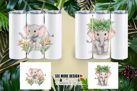 Tumbler Baby Elephant Floral Parade Watercolor Sublimation artnoy 