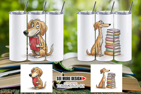 Tumbler Bibliophile Dog Book Stack Watercolor Sublimation artnoy 