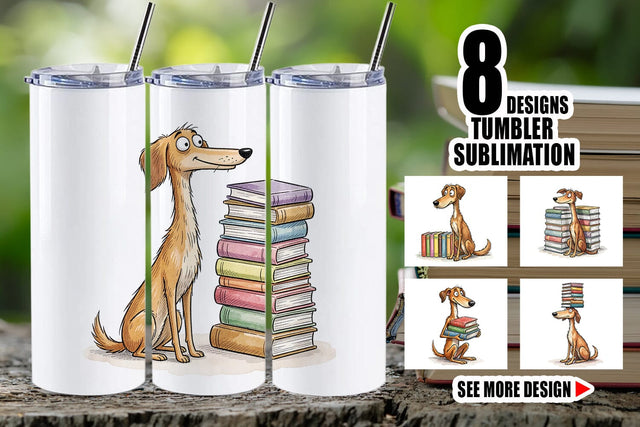 Tumbler Bibliophile Dog Book Stack Watercolor Sublimation artnoy 
