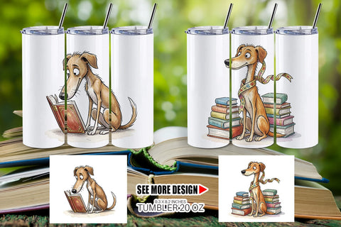 Tumbler Bibliophile Dog Book Stack Watercolor Sublimation artnoy 