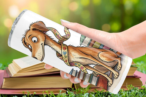 Tumbler Bibliophile Dog Book Stack Watercolor Sublimation artnoy 